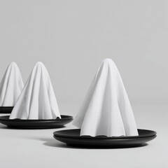 Creative Halloween themed pumpkin shaped napkins with ghostly white fabric on black circular plates minimalistic scene for spooky festive decoration or themed event setup