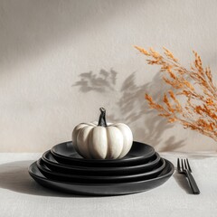 Minimalist autumn table setting with white pumpkin on black plates and neutral background for seasonal decor and harvest theme