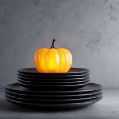 Bright orange pumpkin with a curved brown stem stacked on elegant black plates with a neutral textured background perfect for autumn seasonal decor and festive celebrations