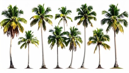 Row of seven slender, tall palm trees with green fronds, isolated on a pure white background; tropical ambiance