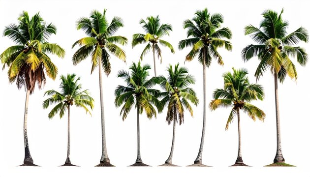 Row of seven slender, tall palm trees with green fronds, isolated on a pure white background; tropical ambiance
