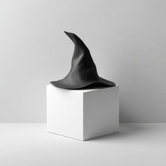 Modern minimalist black sculpture with smooth curved shapes placed on a white pedestal against a plain light gray background for contemporary art display