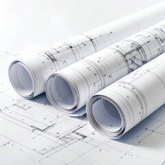 Rolled architectural plans, tightly wound, rest on top of similar flat sheets, showcasing detailed schematics in a bright, neutral scene