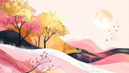 Serene, stylized vista of rolling hills in shades of pink and gold with trees and a glowing orb in a soft, ethereal sky