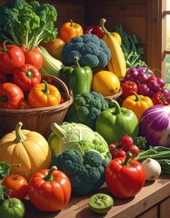 Diverse fresh vegetables spill from a basket onto a wooden surface, bathed in soft light from a nearby window. A bountiful display of nature's bounty