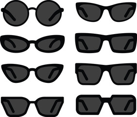 Collection of stylish sunglasses vector set, modern eyewear icons, round, square, cat eye, rectangle, fashion accessories, black silhouette illustration.