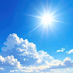 A radiant sun blazes in a bright blue sky, surrounded by fluffy white clouds. The scene evokes feelings of warmth and freedom