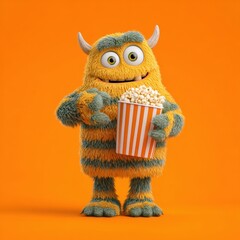 Friendly furry monster character with big eyes and striped fur holding a tub of popcorn against bright orange background