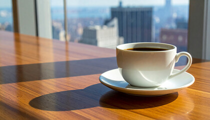 Obraz premium Coffee Cup Silhouette: The morning light casts a beautiful shadow across the wooden table beside the window, showcasing a pristine white coffee cup on its saucer.