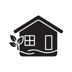 Eco house icon, green home with leaves symbol. Sustainable, eco-friendly property glyph, natural living vector illustration.
