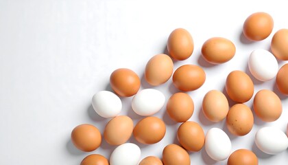 Fresh Eggs Scattered on White Surface.
