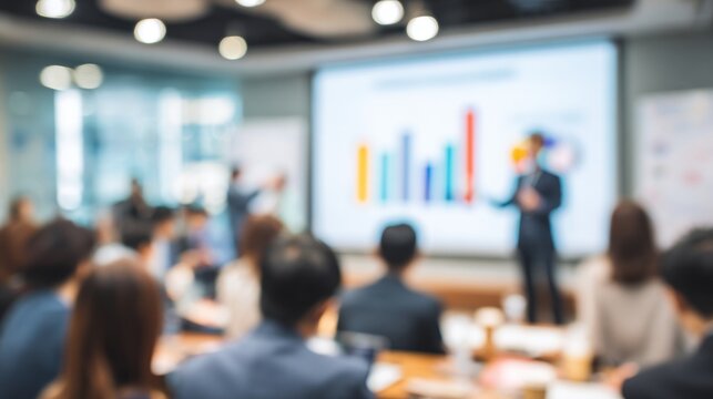 A business meeting in a conference room with a projector screen displaying a financial graph.