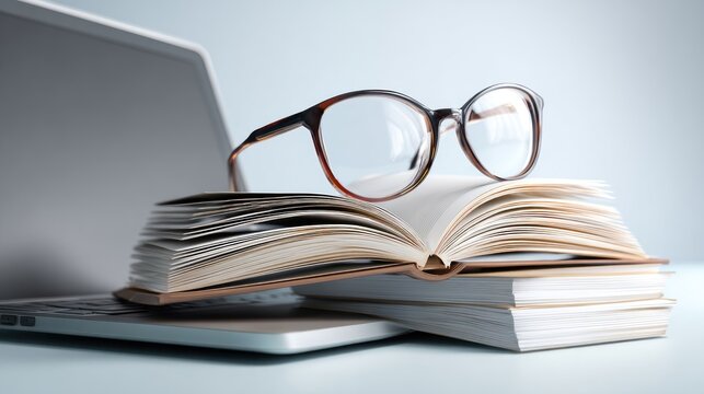 A pair of glasses resting on an open book on a laptop keyboard.
