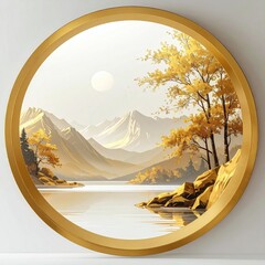 Gilded framed landscape Autumnal trees on a lake shore before distant, misty mountains under a soft sun, all within a golden circular frame