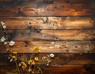 Rustic wooden plank backdrop with wild daisies and yellow flowers clustered on the side, conveying a natural and simple aesthetic