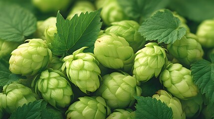 Obraz premium Close up of fresh green hops cones and leaves natural texture and detail