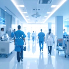 Blurred hospital hallway with medical staff walking toward a bright light, overlayed with a heart rate graph