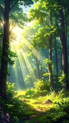 Naklejka premium Forest scene with sunlight beaming through verdant canopy, illuminating the ground and path. Flowers and lush greenery abound in the whimsical atmosphere
