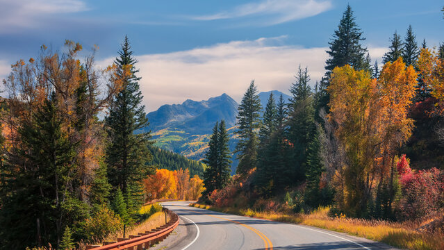 Scenic byway 133 mountain road in Colorado surrounded with colorful foliage during autumn time.