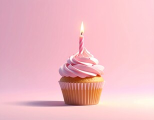 A cupcake with pink frosting and a striped candle, set against a soft pink background. Soft light and shadows give it a dreamy aesthetic