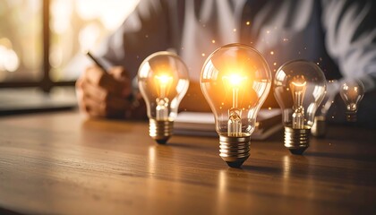 Businessperson with glowing light bulbs