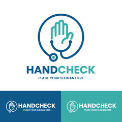 Fototapeta premium Creative medical logo combining a hand and a stethoscope, representing trust, care, and health. Ideal for medical clinics, healthcare services, or medical technology companies.