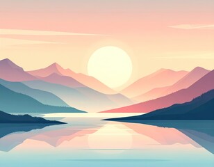 Gradient layered mountains with reflections on water surface under a setting sun in pastel colors creating peaceful scenic vector illustration