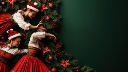 Three joyful caucasian women in festive folk dresses and santa hats celebrate christmas season surrounded by lush green garland and classic holiday decorations
