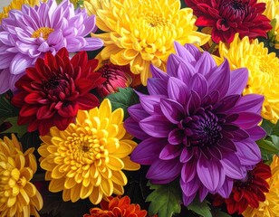 A colorful cluster of vibrant chrysanthemum blooms in shades of yellow, red, and purple, arranged with lush green leaves