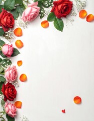 An elegant floral arrangement featuring red and pink roses, small white flowers, and scattered petals set against a clean, white background