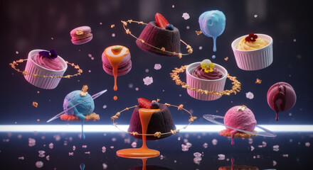 Indulge in a delectable universe of floating desserts macarons cakes ice cream and puddings a vibrant and stylish food photography dream come true