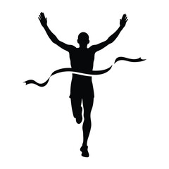 Silhouette of a runner breaking the finish line with arms raised
