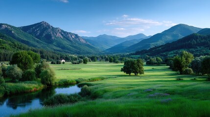 Idyllic Green Valley Landscape with Winding River and Lush Mountains under a Bright Blue Sky during Daytime