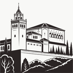 "Alhambra silhouette art Granada Spain skyline poster, Moorish palace fortress landmark illustration, black and white minimalist travel wall decor for cultural heritage architecture lovers"