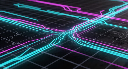Vibrant neon circuit board pathways pulse with electric energy, representing futuristic data flow and complex digital connections