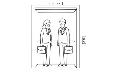 エレベーターに乗る男女ビジネスパーソンのアイコンイラスト