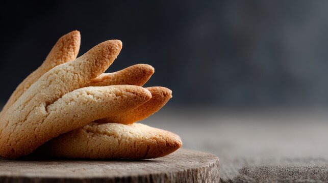 Close-up of freshly baked crispy breadsticks stacked on a wooden surface with a blurred dark background, highlighting their golden texture and crunchy exterior