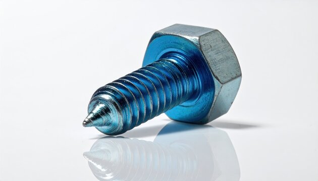 Close-up of a blue metal screw with visible threads and hexagonal head resting on a reflective white surface