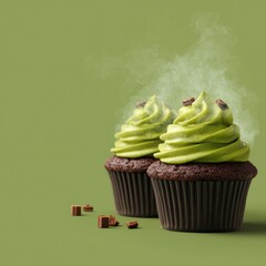 Two green frosted chocolate cupcakes with chocolate pieces on a vibrant green background, steaming freshly baked desserts perfect for treats or celebrations