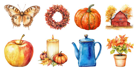 PNG Autumn harvest watercolor collection, element set on transparent background