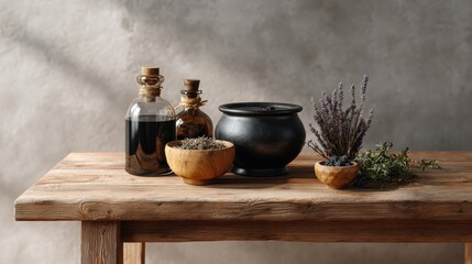 Minimalist Still Life Composition with Dark Glass Bottles Plant Pot and Wooden Bowl on Rustic Wooden Table in Natural Light