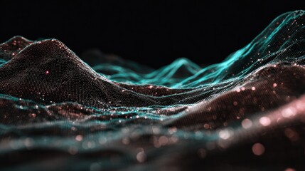 A digital wave with a dark background and a glowing, blue and green color scheme.