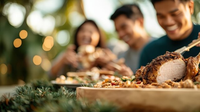 Heartwarming holiday dinner celebration featuring delicious roasted turkey served among three happy asian people gathering together outdoors. - Powered by Adobe