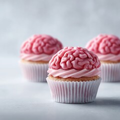 Delicious cupcakes with pink brain-shaped icing toppings arranged on a light background, creative dessert presentation for Halloween or themed parties