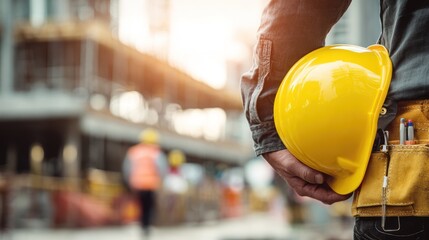 A construction worker holding a yellow hard hat in front of a construction site.