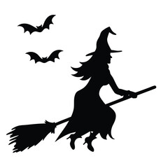 Silhouette of a witch flying on a broom with bats overhead