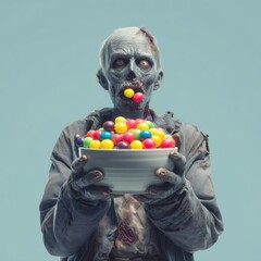 Creepy zombie holding a large bowl of colorful candy balls with a surprised expression on a plain blue background for Halloween or horror themed concepts