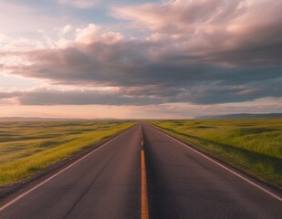 Fototapeta premium A serene open road stretches into the distance under a colorful sky.