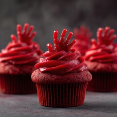 Creative cupcakes decorated with red fondant hands and swirling icing for birthdays parties or celebrations with vibrant red color and artistic design