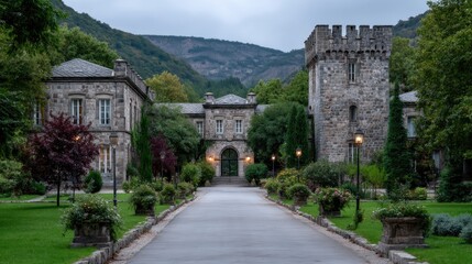 Historic Stone Castle with Tower Surrounded by Greenery and Distant Mountains Under a Cloudy Sky European Architecture